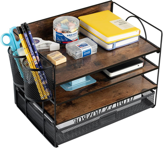 4 Tier Desk Organizers and Accessories, Paper Letter Tray Organizer,Vintage Wood Desk File Organizer with Drawer and 2 Pen Holders for School Home Office Supplies