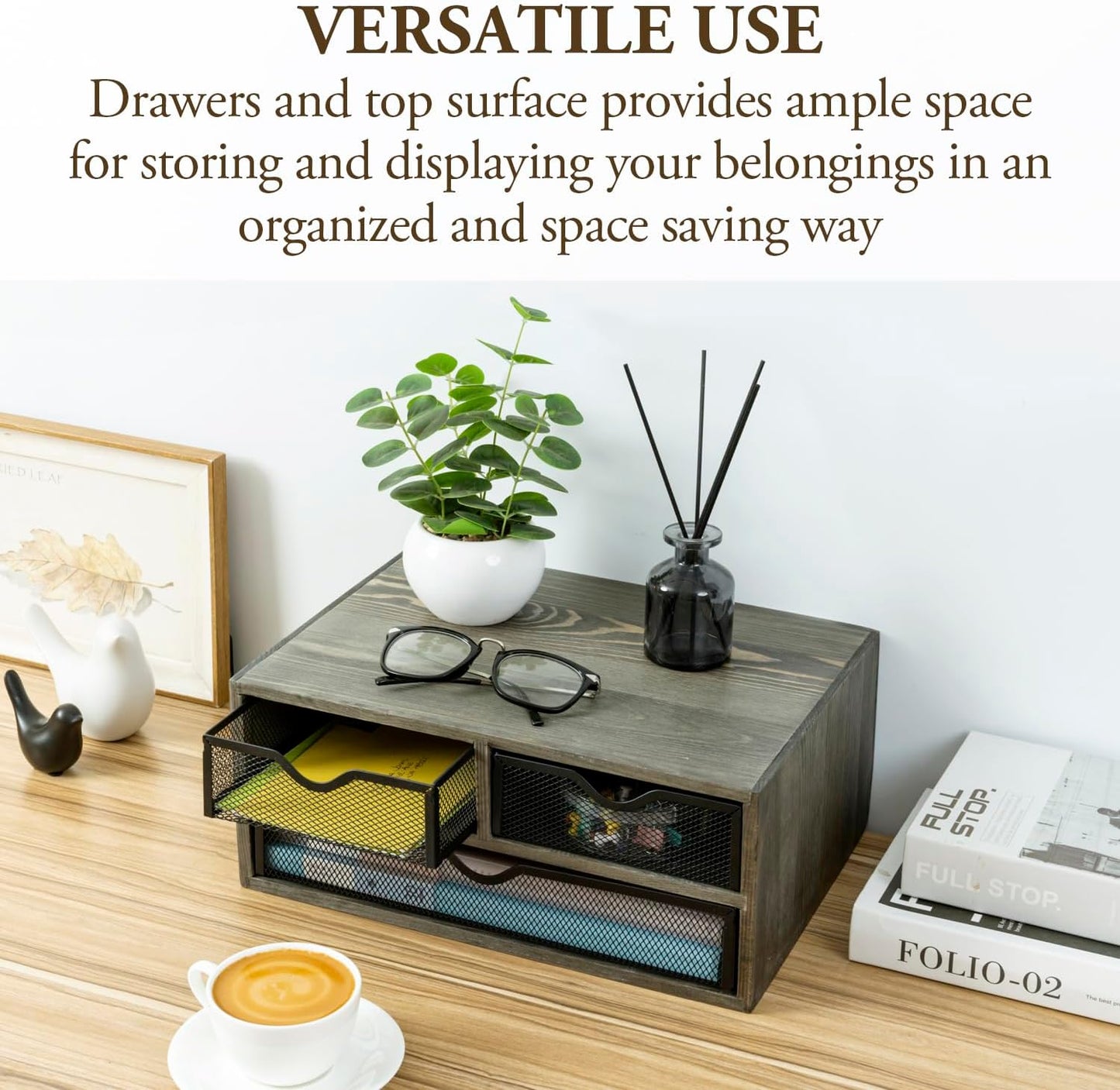 MyGift Vintage Weathered Gray Solid Wood Desktop Organizer Box with 3 Removable Black Metal Mesh Trays, Office Desk Supplies Storage Drawers for Accessories