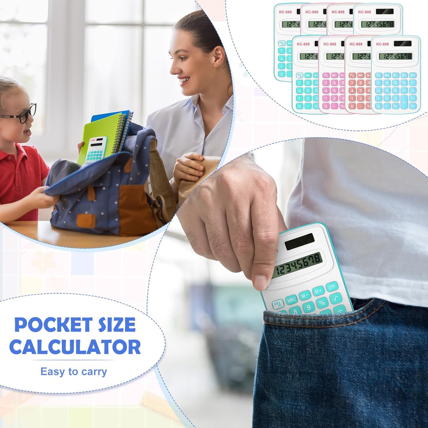 Hoteam 16 Pcs Pocket Calculator Gift for Students Bulk Mini Handheld Calculator Basic Standard Calculators with Button Battery 8 Digit Display for School Office Home(Light Color)