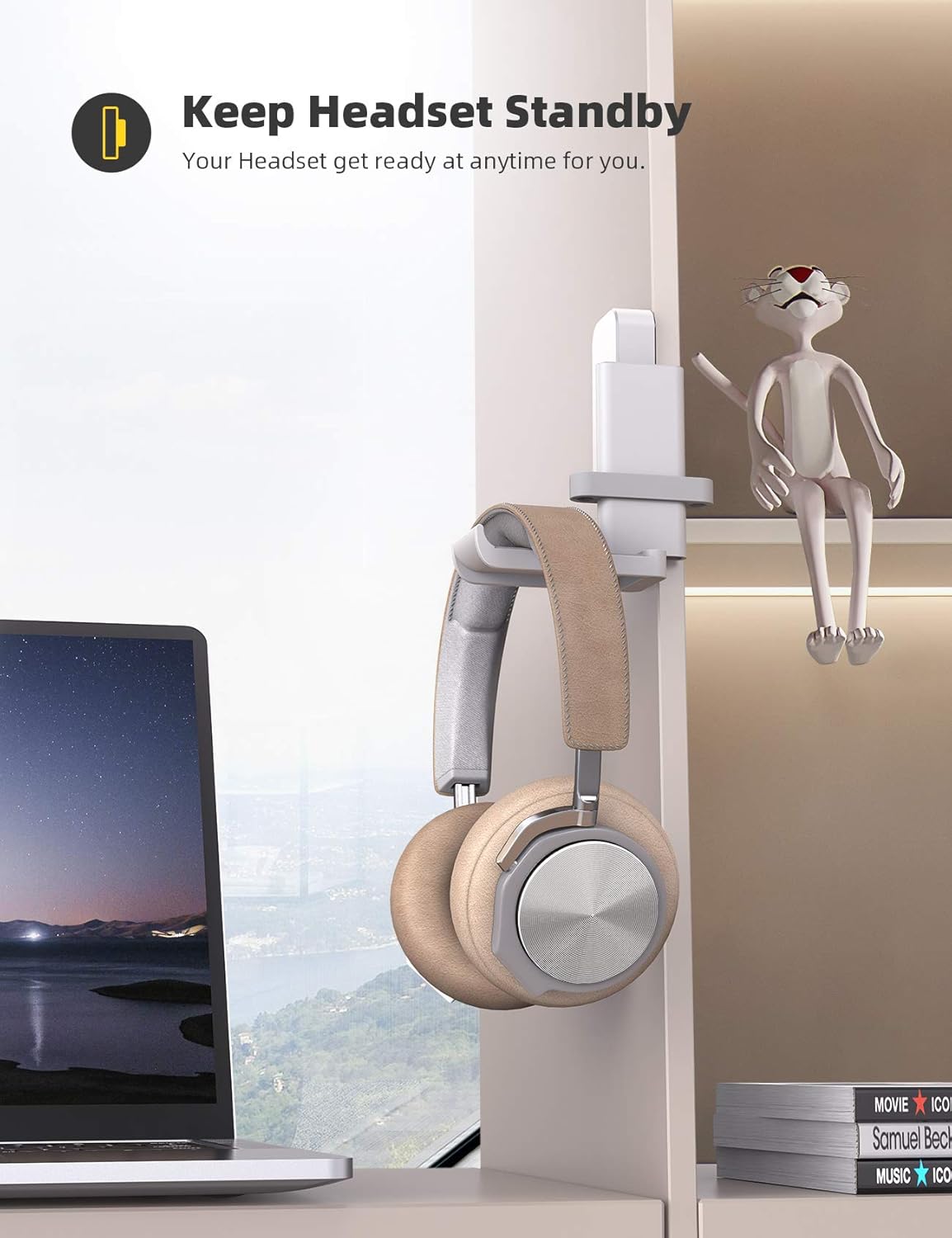 Lamicall Headphone Stand, Sticky Headset Hanger - 360 Degree Rotation Earphone Adhesive Hook Holder Mount, Table Headphone Stand with Cable Organizer, Headset Clamp for HyperX, Sennheiser -White