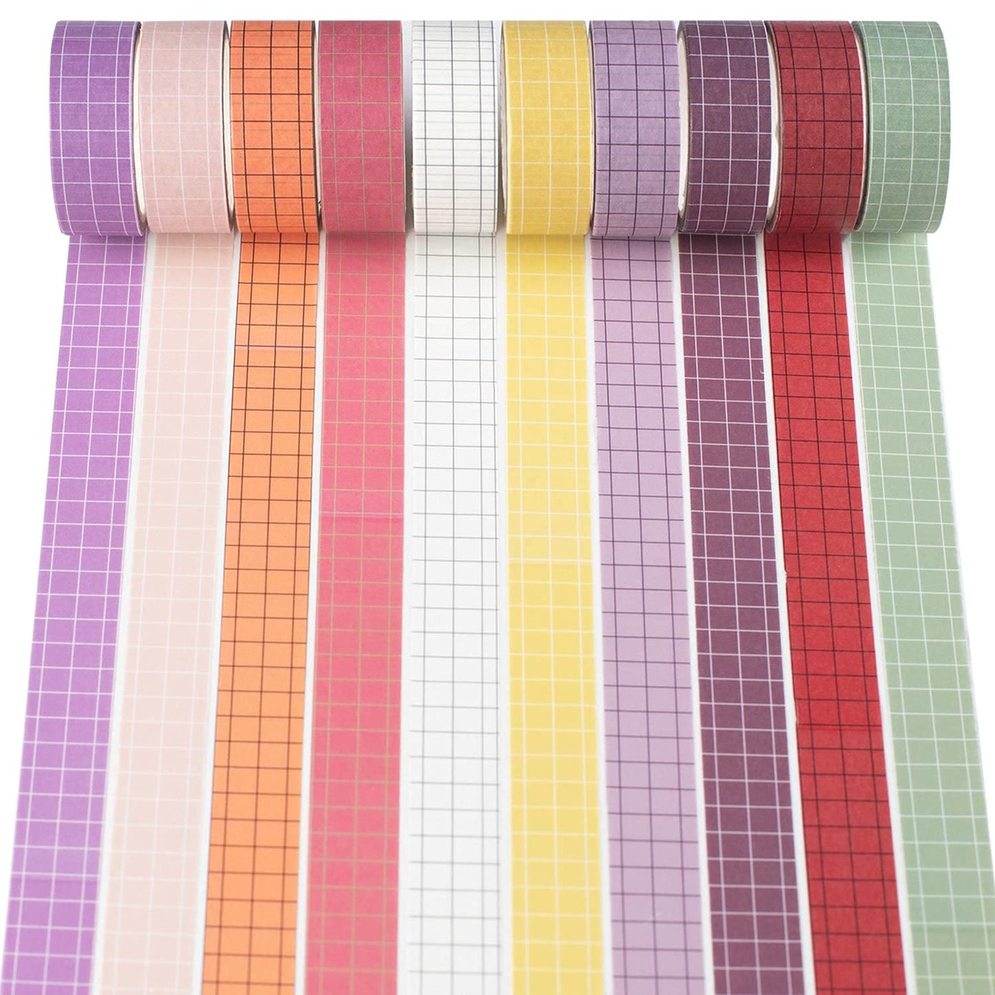 Grid Washi Tape Set 10 Rolls Plaid Decorative Tapes for Journals, Planners, Scrapbooking, Gift Wrapping, DIY Crafts (Tulip)