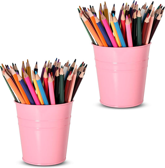 Pen Holder Cups for Desk,Metal Pencil Holder,Marker Pen Storage Holder Desktop Stationery Organizer Makeup Brush Holders, Desk Accessories & Workspace Organizers for Office School Home -2 Pack (Pink)
