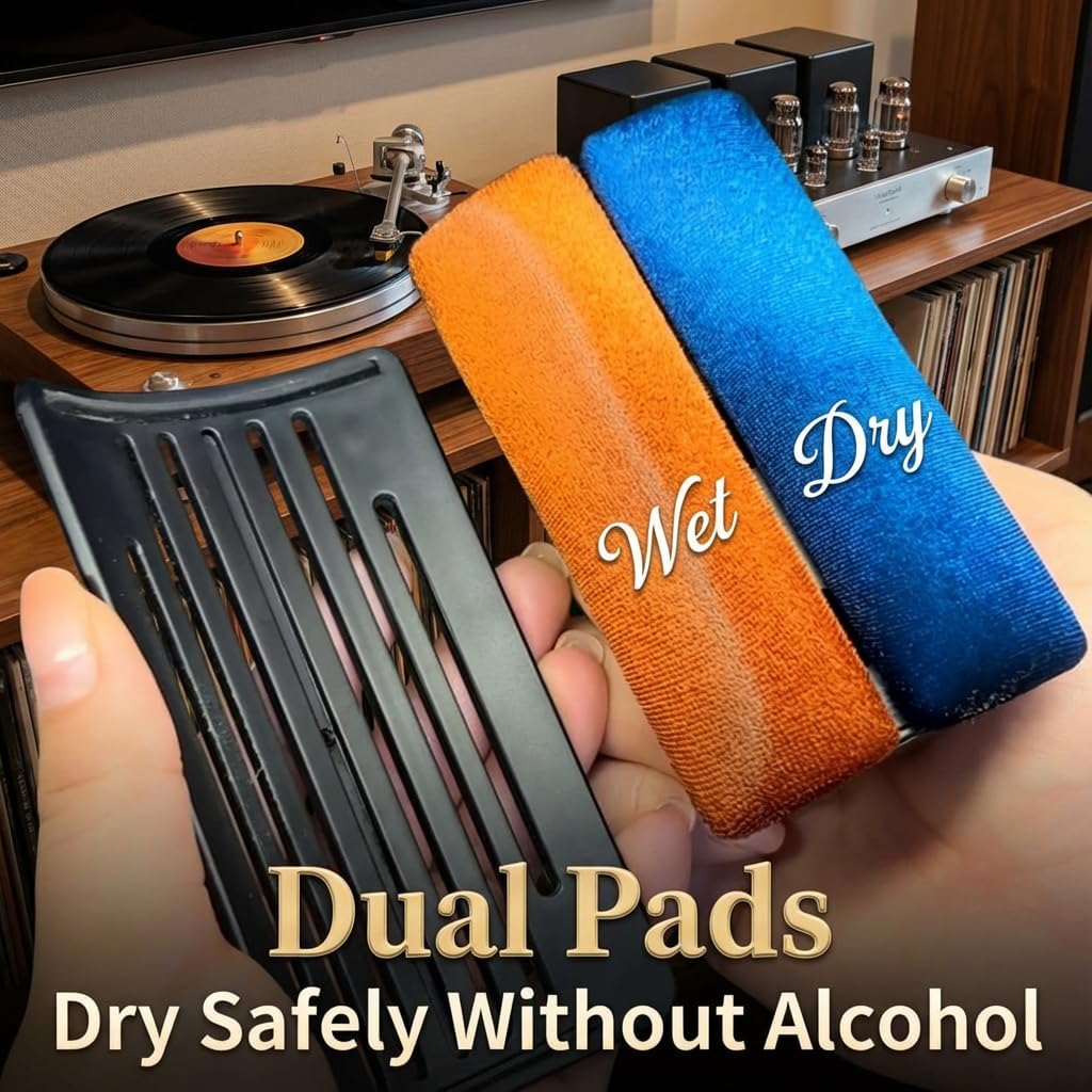 HumminGuru I-Brush Vinyl Record Cleaning Kit, Anti-Static Vinyl Record Cleaner Kit with Dual Velvet Pads Vinyl Record Brush + Alcohol-Free Record Cleaning Solution + LP Brush Holder (Orange: I-Brush)