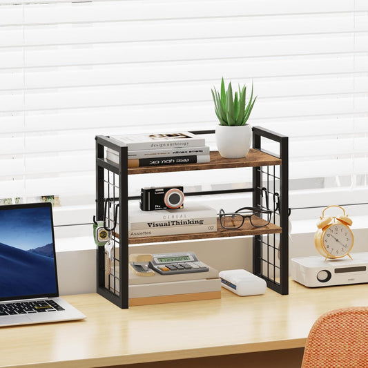 ELITEROO Desktop Shelf Organizer, 2 Tier Wood Desk Bookshelf, Desk Top Storage Rack for Office, Dorm, or Bedroom Decor, Small Tabletop Shelf for Books, Plants & Accessories, Rustic Brown