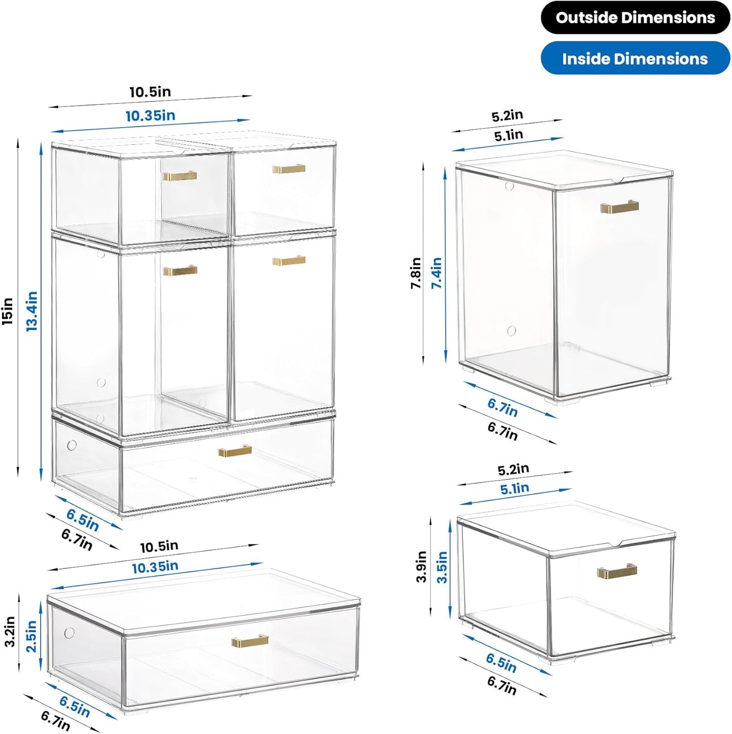 Set of 5 Stackable Storage Drawers, Clear Acrylic Organizer Bins for Beauty Supplies, Perfect for Makeup Vanity, Undersink, Kitchen, Cabinet,Pantry Organization and Storage