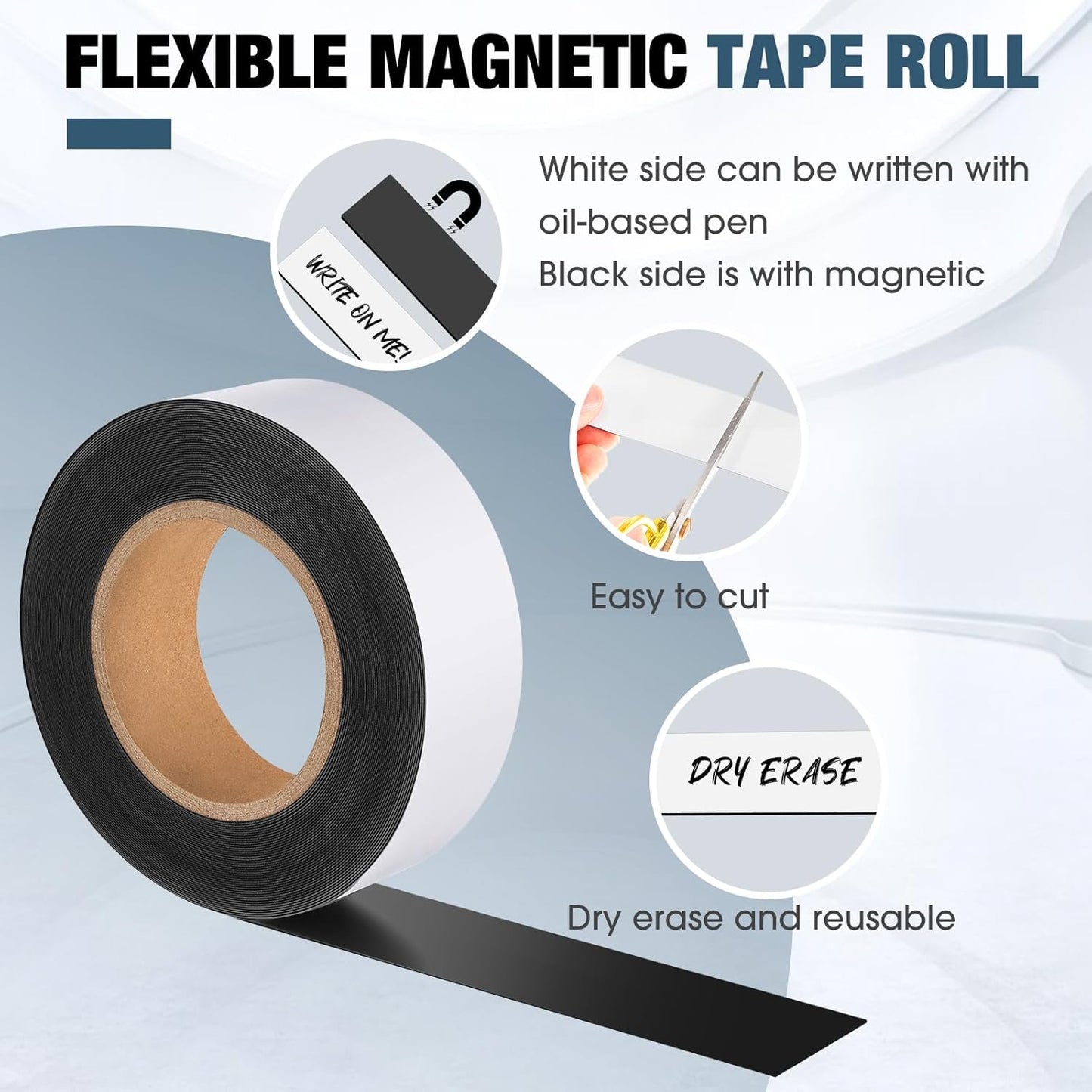 Amylove 2" x 30ft Magnetic Tape Strip Roll, Dry Erase Label, Writable Magnets Sticky Labels, Flexible Magnet Dry Erase Tape Strips for Whiteboards, Refrigerator, Crafts, DIY Storage