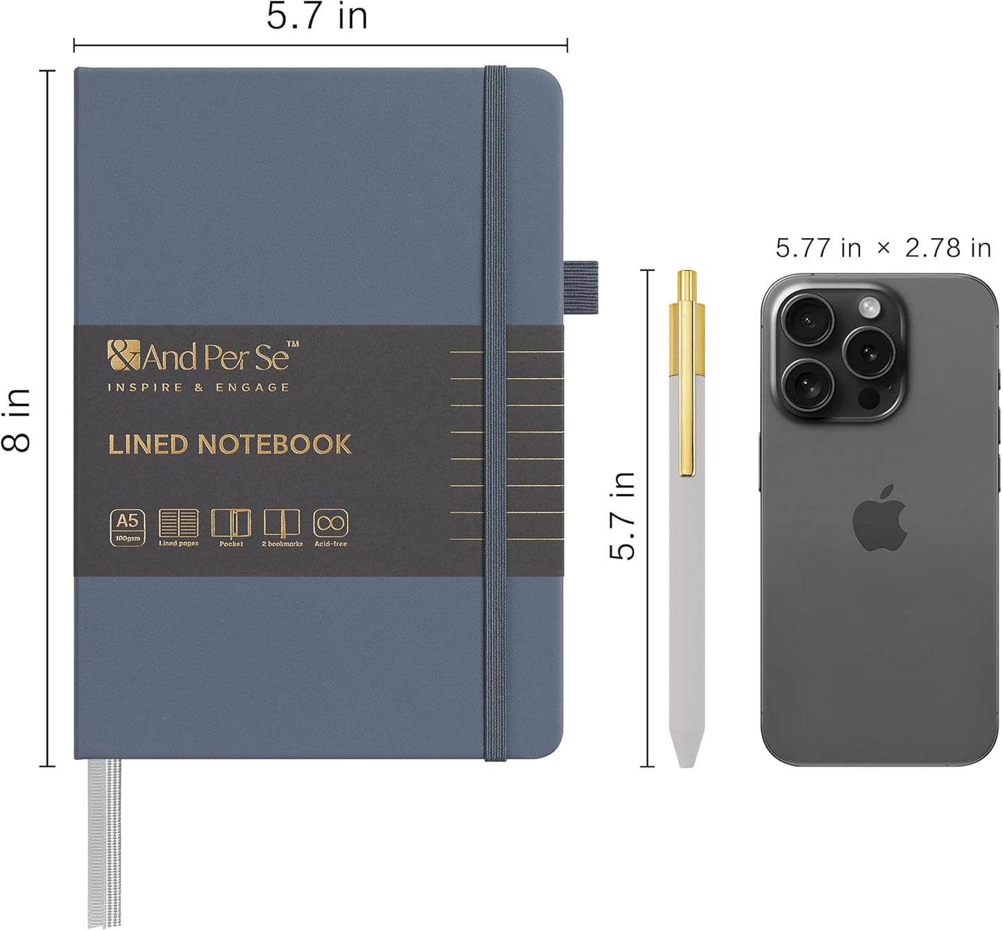 &And Per Se Lined Journal and Pen Set, A5 Leather Journal Stationery Set, 160 Pages 100GSM Thick Paper, Notebook Gift Set (Dark Blue)