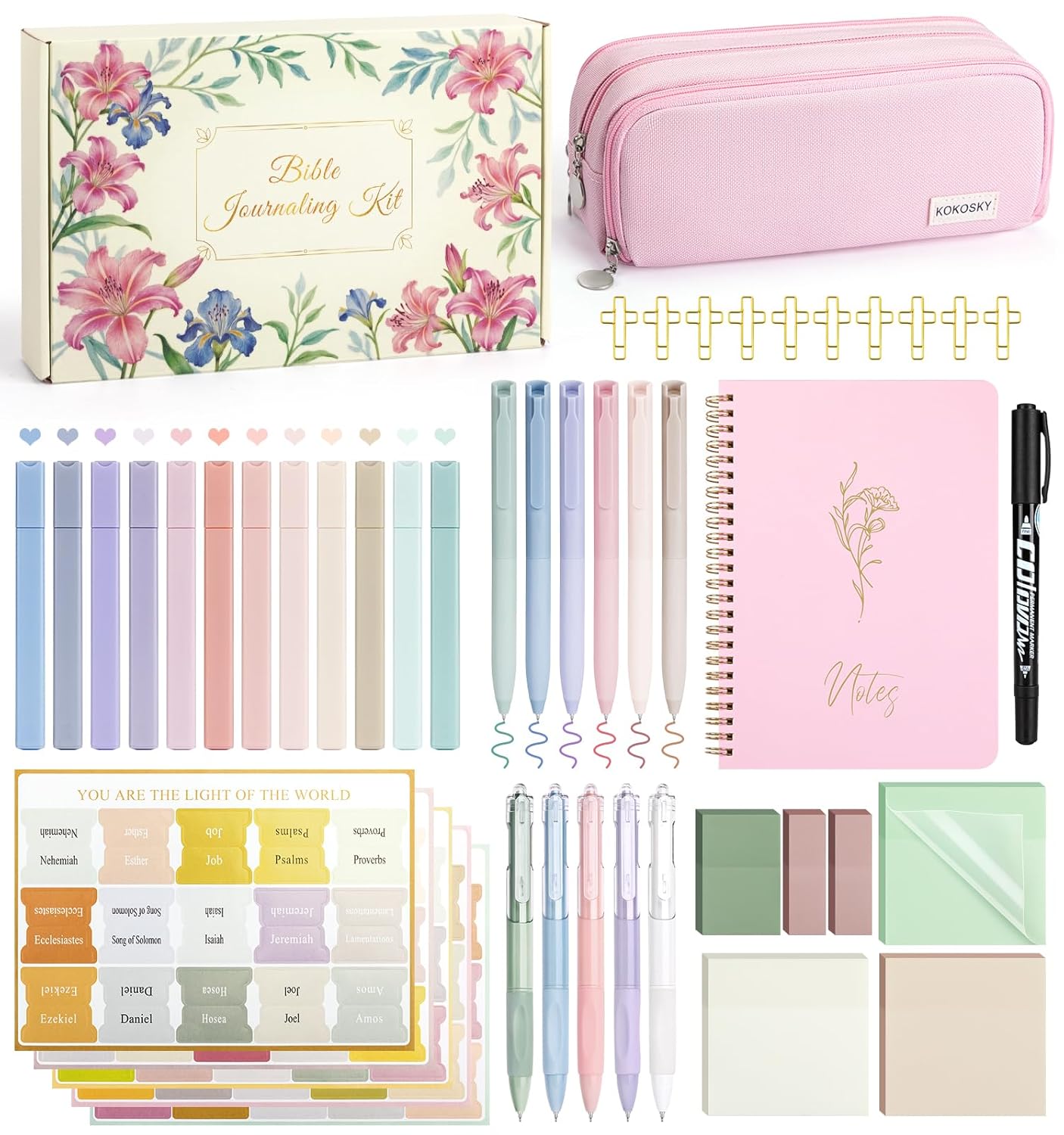 47Pcs Bible Study Supplies, Bible Journaling Kit for Women, Pink Pencil Case, 12 Pastel No Bleed Highlighters and 6 Colored Pens, Bible Tabs and More, Book Annotation Kit for Women & Men (Pink)