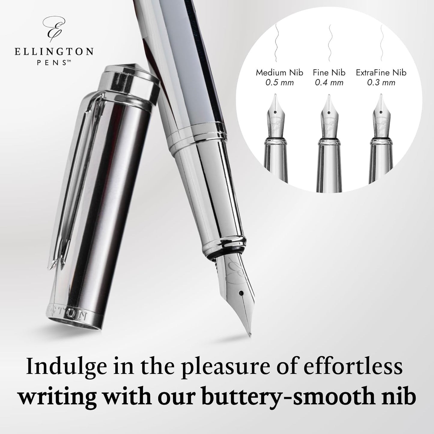 Ellington Pens Luxury Fountain Pen Set - Smooth Fine Nib- Includes 3 Ink Cartridges, Refillable Ink Converter, Gift Box- Fountain Pens For Writing, Calligraphy, Journaling, Sketching (Silver Sonata)