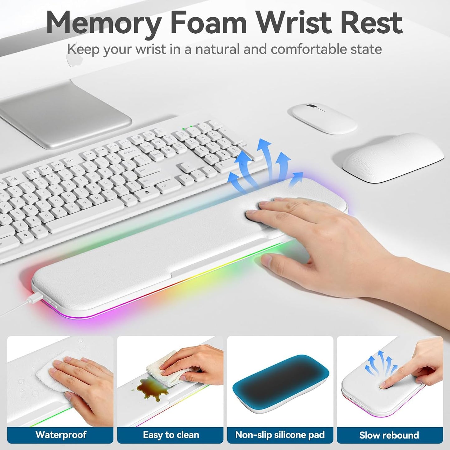 2-in-1 Heated Wrist Rest Set, Ergonomic Memory Wrist Pad with RGB Lights and Non-Slip Base, Keyboard Mouse Wrist Rest for Computer Laptop Office Work and PC Gaming