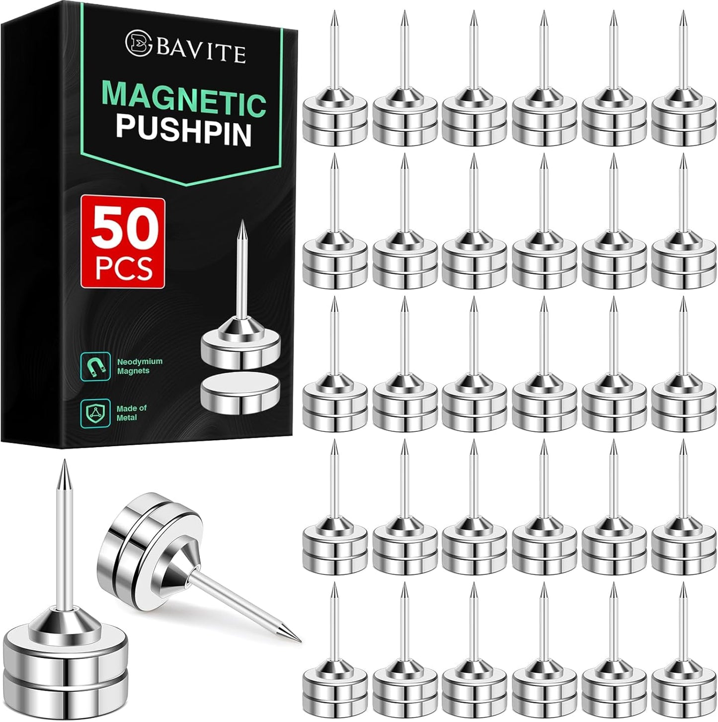 E BAVITE Magnetic Pushpins, 50 Sets Magnet Thumb Tacks for Whiteboard Wall Cork Board Bulletin Cute Decorative Push Pins Clip Magnetic Photo Poster Hanger