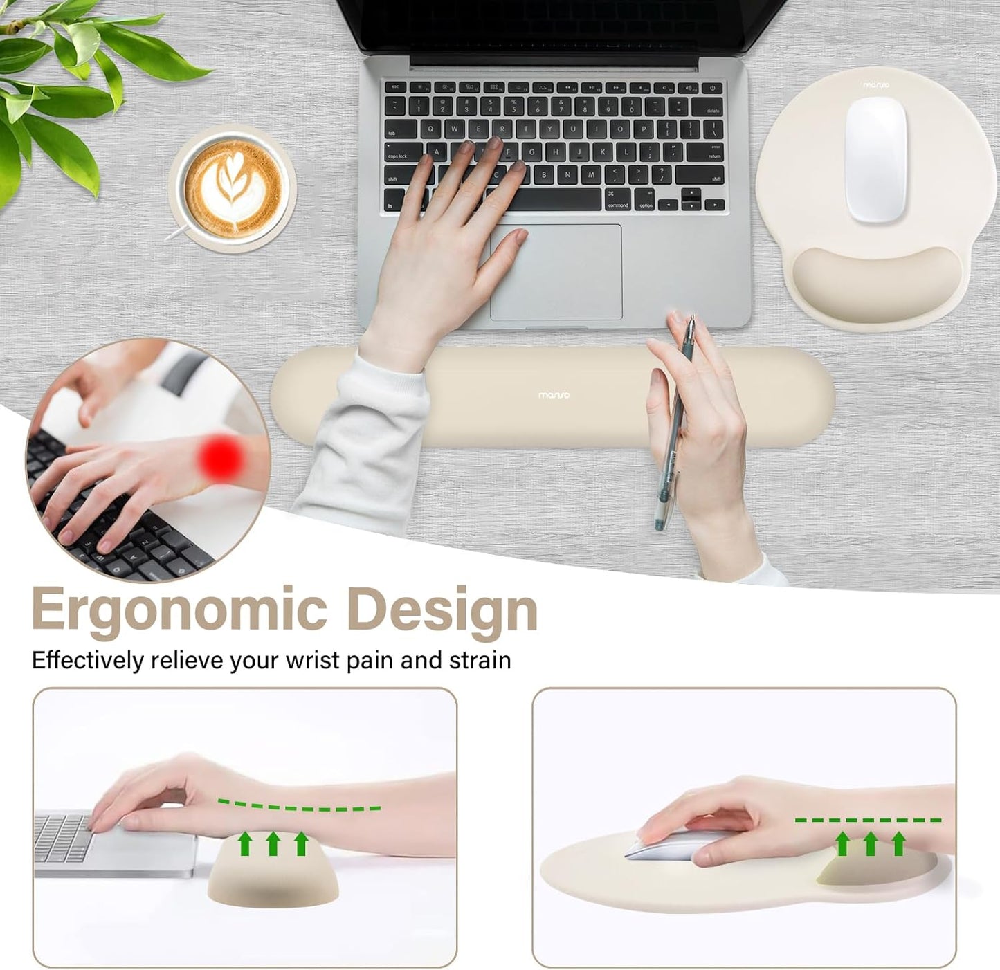 MOSISO Wrist Rest Support for Mouse Pad&Keyboard Set, Circle Curved Ergonomic Mousepad&Coaster Non-Slip Base Home/Office Pain Relief&Easy Typing Pad with Soft Cloth&Silicone Lining, Khaki