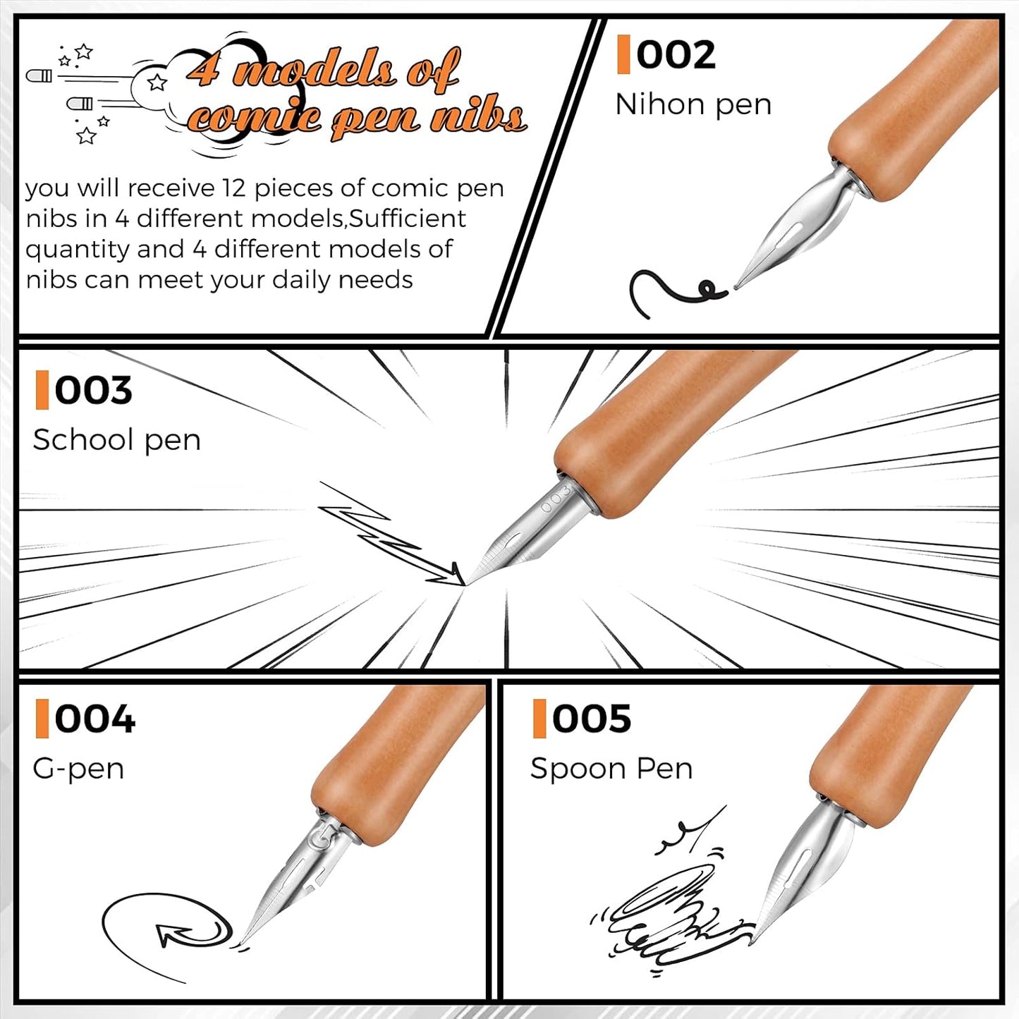 Chinco 14 Pcs Dip Pen Nibs Holders with Comic Calligraphy Wooden Drawing Pen Holder with Stainless Steel Nib for Writing Painting Signing Present