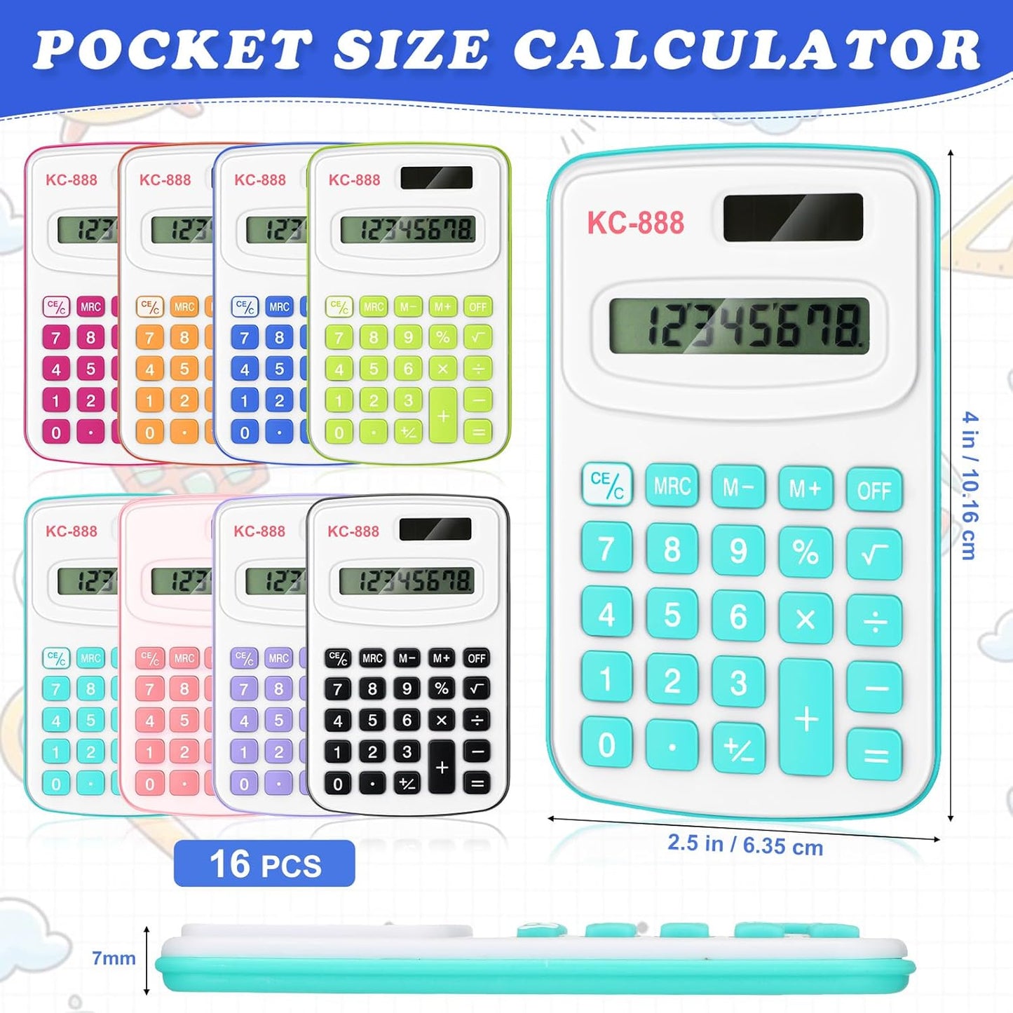 Hoteam 16 Pcs Pocket Calculator Gift for Students Bulk Mini Handheld Calculator Basic Standard Calculators with Button Battery 8 Digit Display for School Office Home(Bright Color)