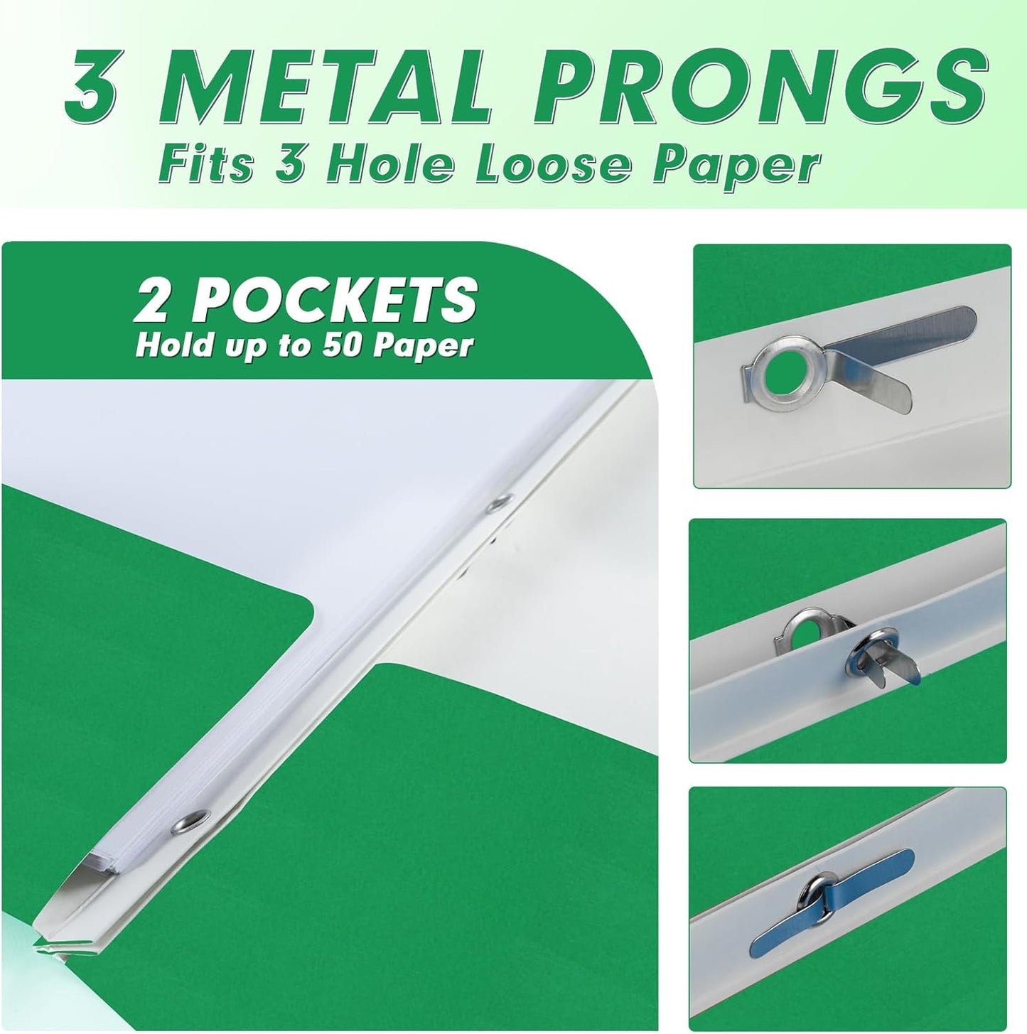 Two Pocket Folders, PANDRI 60 Pack Two Pocket Folders with Prongs, 3 Prong Folders Designed for Office and Classroom, Letter Size Green