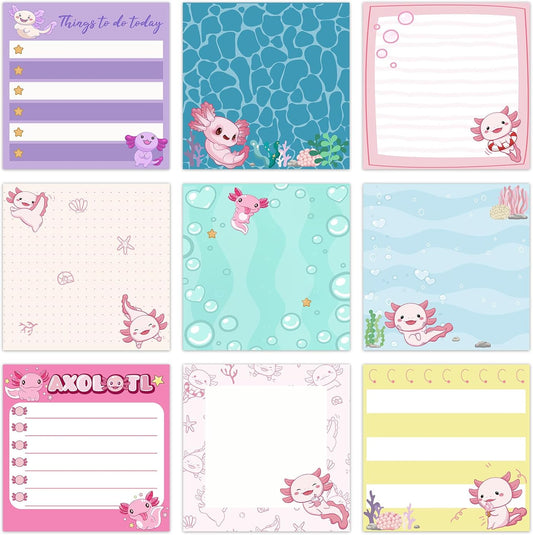 9 Pads Axolotl Sticky Notes 3x3 Inch Cute Self Stick Notepads Notes Adhesive Memo Pad Office Decor Gifts for Students School Teacher Meeting Office Supplies