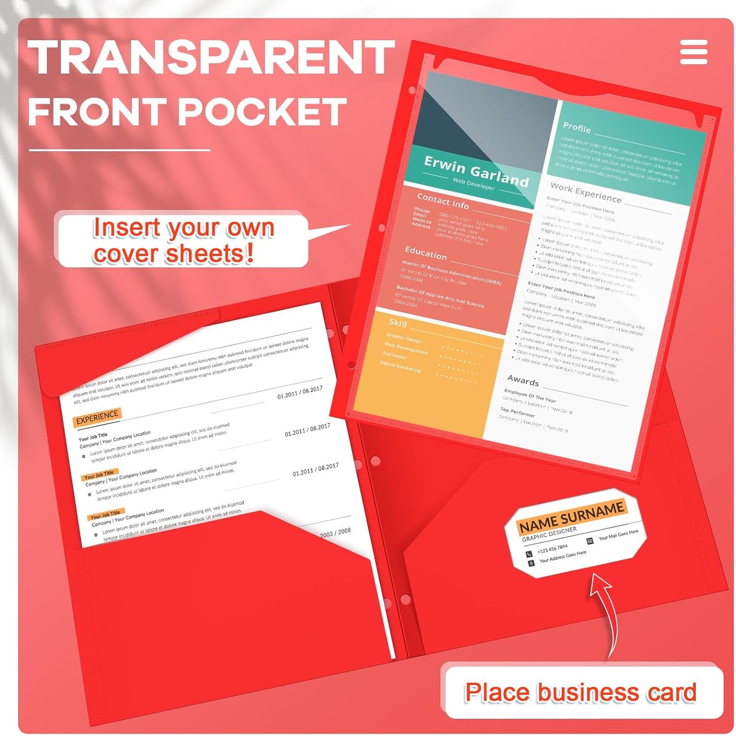 Henoyso 36 Pcs 2 Pocket Plastic Folders with Clear Front Pocket 3 Hole Punched File Folder Letter Size Take Home Documents Holder for Paper Holder Office Business Back to School Supply (Red)