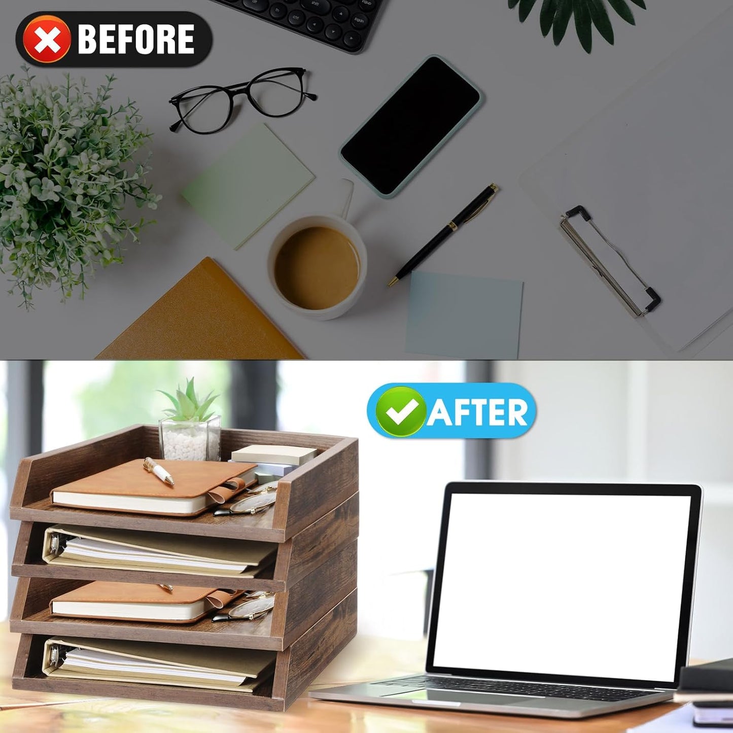 4 Pcs Wooden Letter Trays Wood Letter-Size Desk Organizer Heavy Duty 2 Tier Stackable Supports Paper Tray Desktop Drawer Organizer File Folder Magazine Office Accessories (Dark Wood)