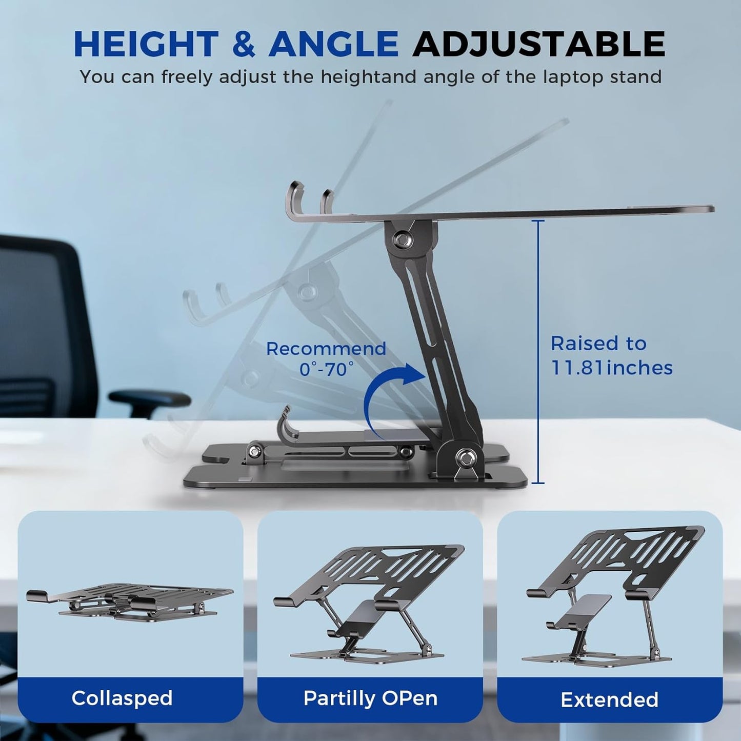 Ergonomic 2-in-1 Laptop Phone Stand for Desk, Adjustable Riser, Sturdy and Portable, Fits All Laptops and Phone (Black)