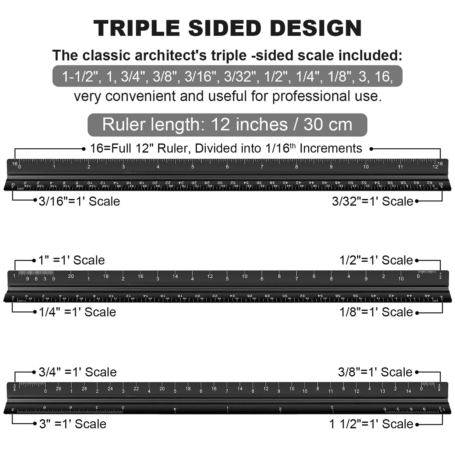 Architectural Scale Ruler Set, 2 Pack 12 Inch Aluminum Architect Ruler with Standard Metal Ruler, Imperial Architect Triangular Ruler with Etching for Architects, Engineers, Students and Draftsman