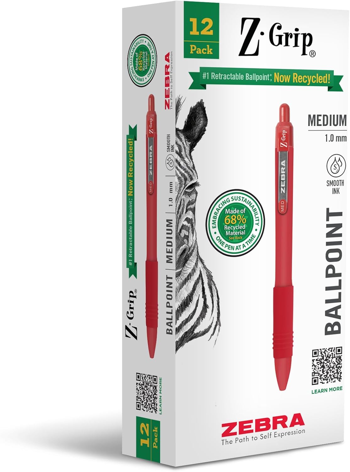 Zebra Pen Z-Grip Recycled Retractable Ballpoint Pens,1.0mm, Red Ink, Durable Metal Clip, 68% Recycled (GRS Certified; Global Recycled Standards),12-Pack (20630)