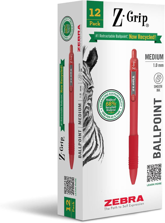 Zebra Pen Z-Grip Recycled Retractable Ballpoint Pens,1.0mm, Red Ink, Durable Metal Clip, 68% Recycled (GRS Certified; Global Recycled Standards),12-Pack (20630)