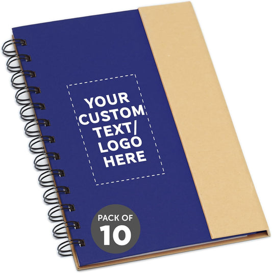 DISCOUNT PROMOS Custom Eco Friendly Spiral Notebooks with Pens Set of 10, Personalized Bulk Pack - Perfect for School, Office, Home - Blue
