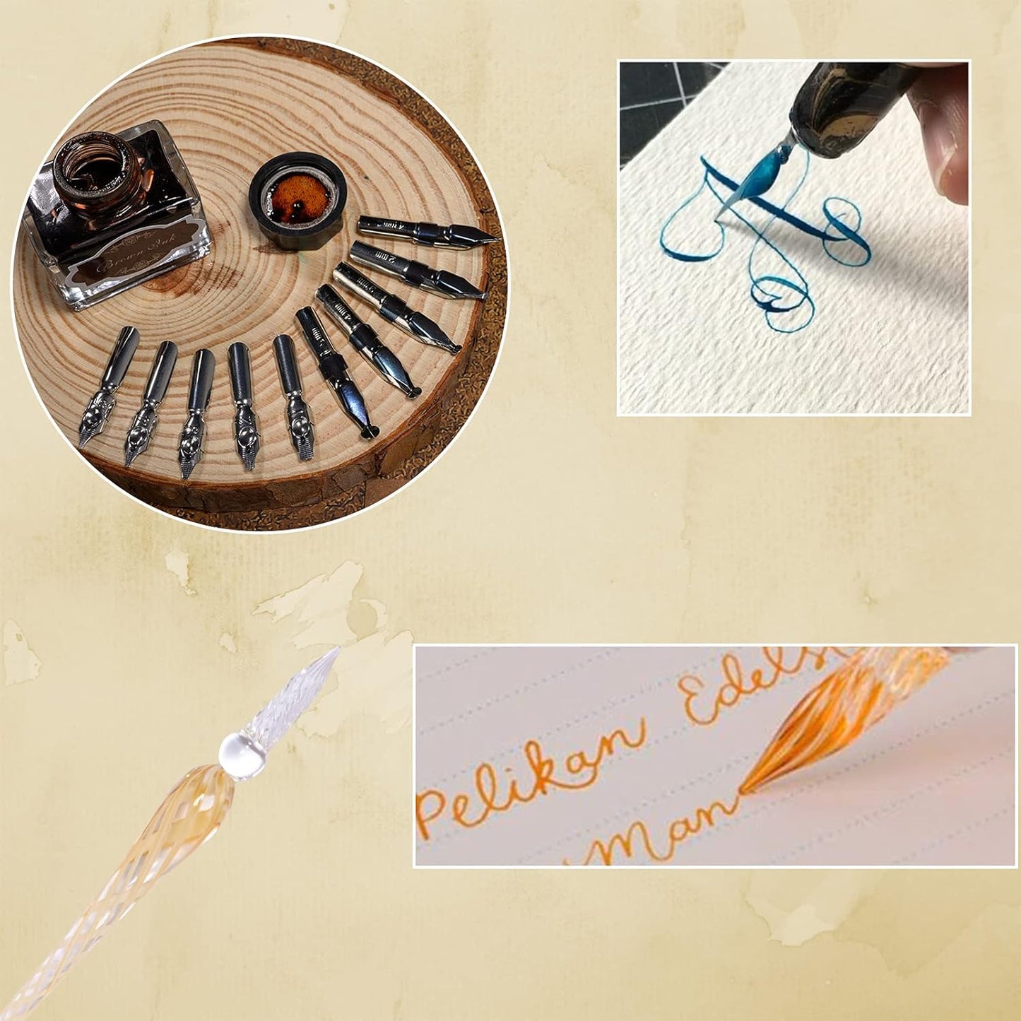 Calligraphy Pen Set Include Vintage Fountain Wooden Pen Glass Dip Pen for Beginners, 4 Colors Bottles of Ink, 10 Replaceable Nibs, 2 Pen Holders