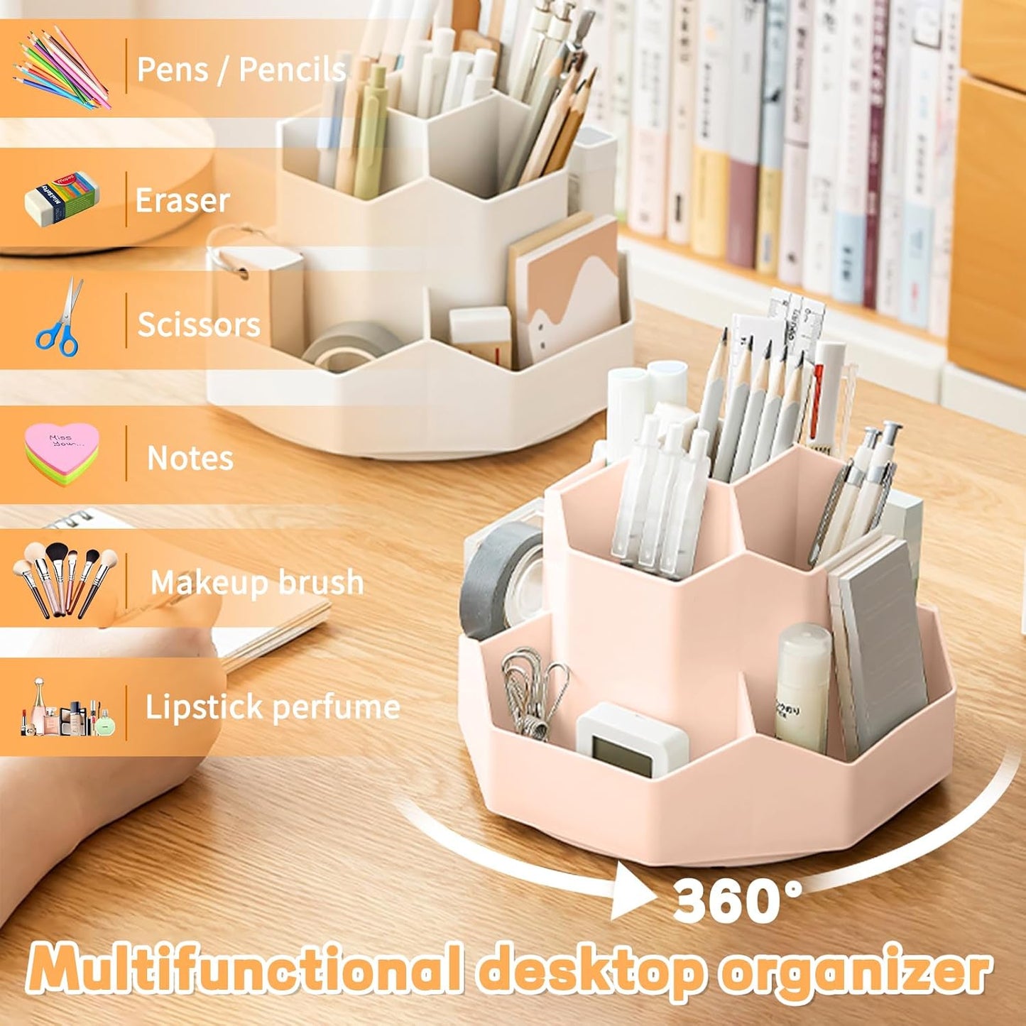 Pencil Pen Holder for Desk,9 Slots 360 Degree Rotating Desk Organizers,Desktop Storage Stationery Supplies Organizer, Cute Pencil Cup Pot For Office, School, Home(Pink)