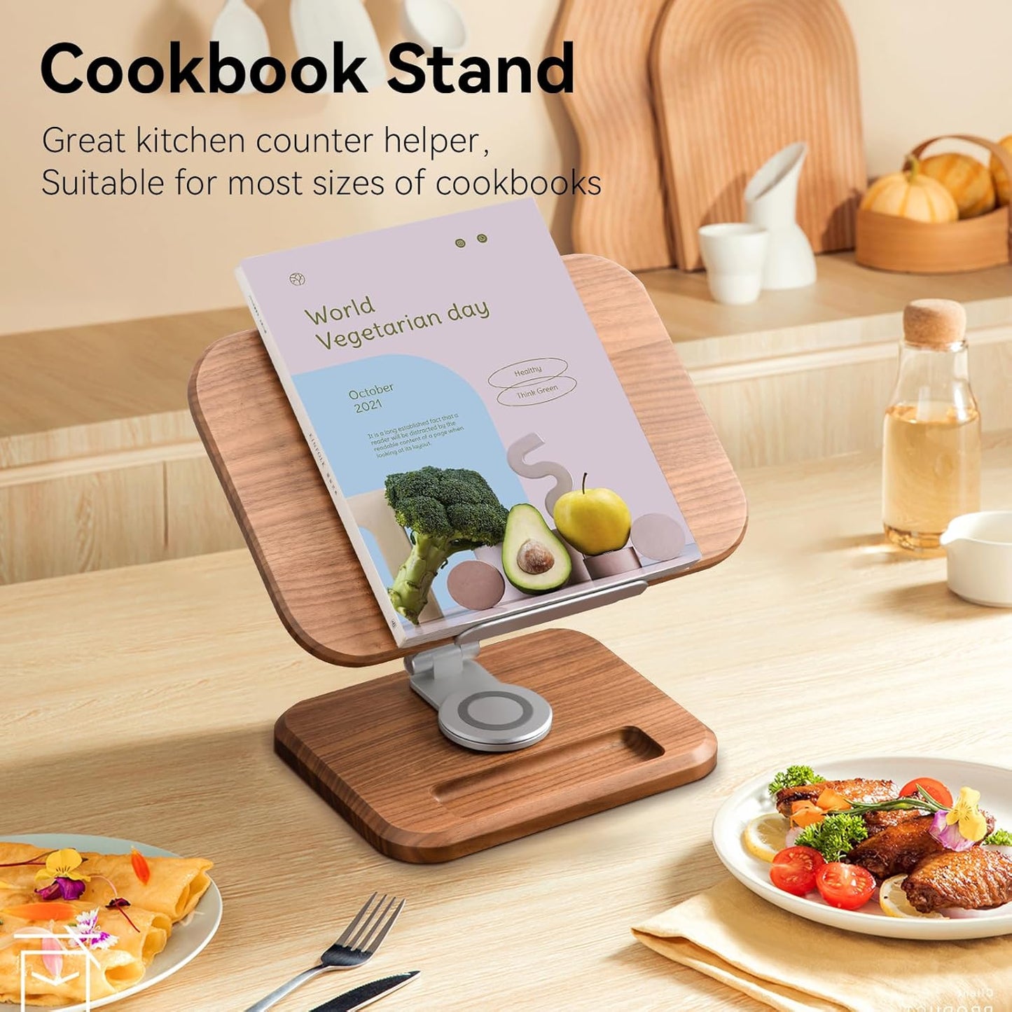 Book Stand for Reading, Mayhas Adjustable Book Holder with 360° Swivel Base&Page Clips, Foldable Desktop Stand for Cookbook, Fits All Books (Cherry Wood, Wood Base)