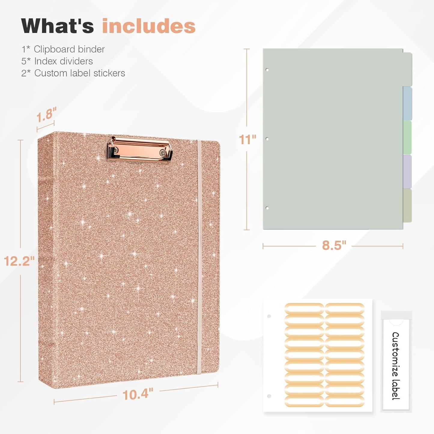 Ospelelf 3 Ring Binder 1 Inch, Vintage Leather Clipboard Binder Organizer for Letter Size (8.5" x 11"), Professional Binder Organizer Dividers with 5 Tabs, Rose Gold