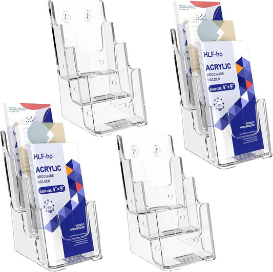 Brochure Holder 4x9 Inch 3 Tier Acrylic Literature Holders Clear Plastic Flyer Display Stand Countertop Use or Wall Mount Pamphlet Holder Organizer for Office, Lobby, Hotel, Trade Show, 4 Pack