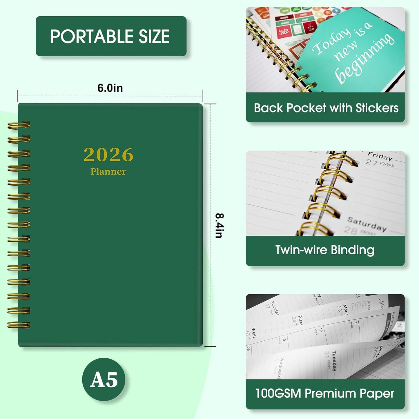 Ymumuda Academic Planner 2026, Daily Weekly and Monthly Calendar Planner (Jan. 2026-Dec. 2026),8.4"×6.3", Hardcover Notebook Teacher Supplies, Premium Thick Paper, Planners for School Work Office