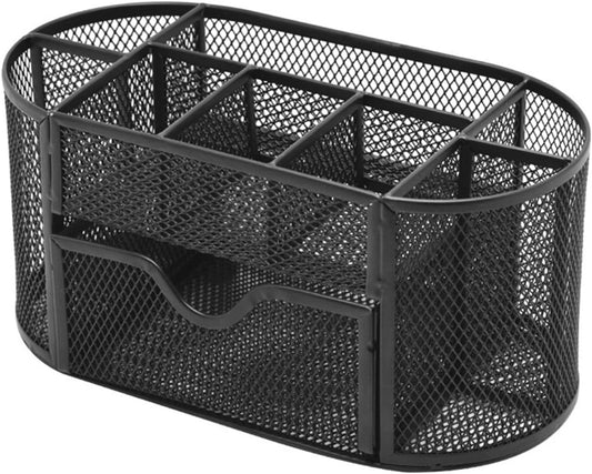 Desk Organizer Mesh Desktop Office Supplies Multi-functional Caddy Pen Holder Stationery with 8 Compartments and 1 Drawer for Office, Home, School, Classroom (Black)