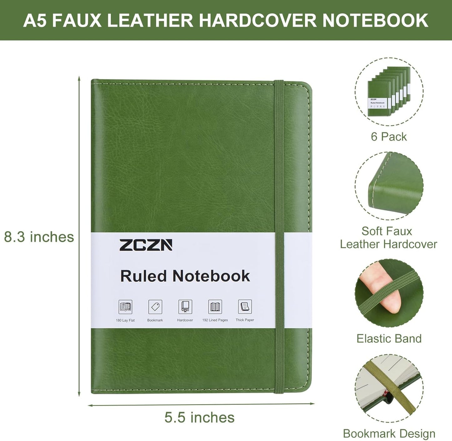 ZCZN 6 Pack Lined Journal Notebooks, 192 Pages A5 Hardcover Leather Journals for Work,Writing,School & Travel, College Ruled Journaling Notebooks for Notes Taking,Diary Journal (Black+Brown+Green)*2