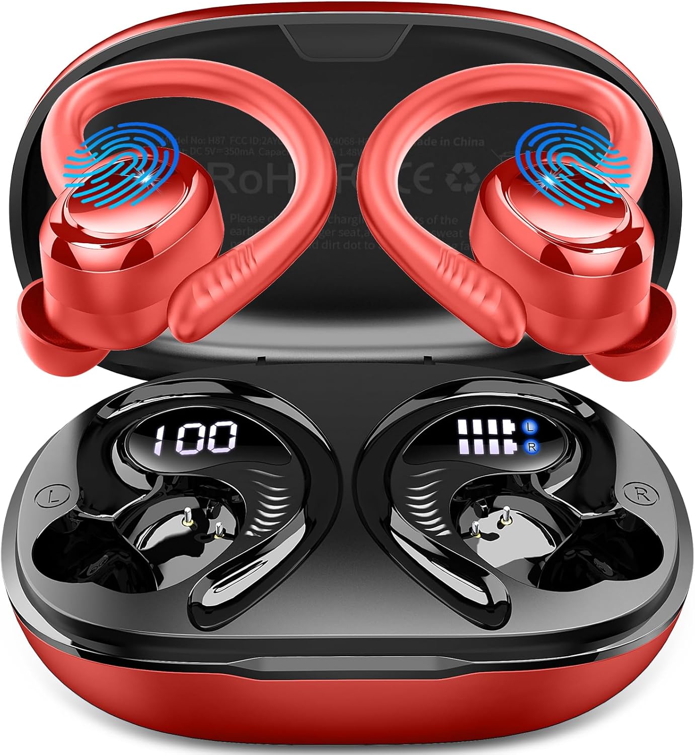 Wireless Earbuds Sport, New Bluetooth 5.4 Headphones with Earhooks, 50H Stereo Deep Bass Over Ear Buds with 4 ENC Noise Canceling Mics, IP7 Waterproof Earphones for Running Workout Gym -Red
