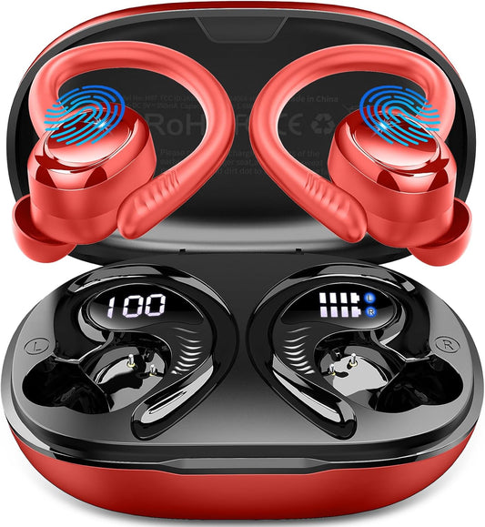 Wireless Earbuds Sport, New Bluetooth 5.4 Headphones with Earhooks, 50H Stereo Deep Bass Over Ear Buds with 4 ENC Noise Canceling Mics, IP7 Waterproof Earphones for Running Workout Gym -Red