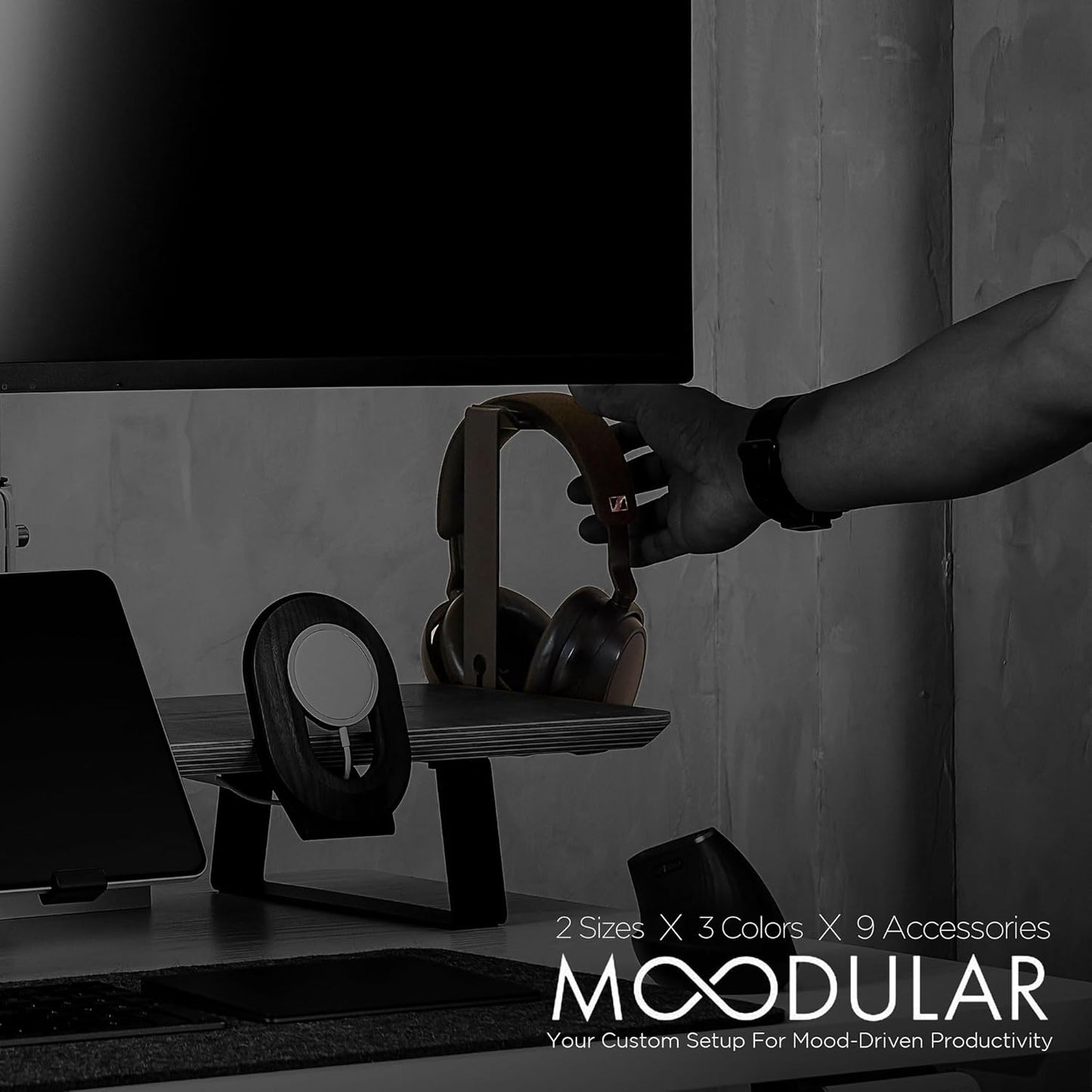 Moodular Add-ons Headphone Stand [Accessory Only - Requires Moodular Wooden Monitor Stand Slide Rails for Use] Black MSA-HS