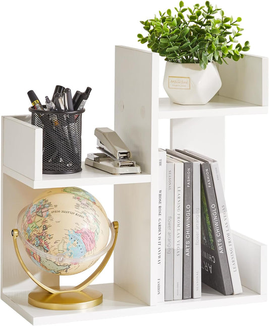 Small White Desk Organizer, 2 Tier Tree Cactus Bookshelf, Desktop Organizer Wood, Small Plant Shelf White YD-DSR002W