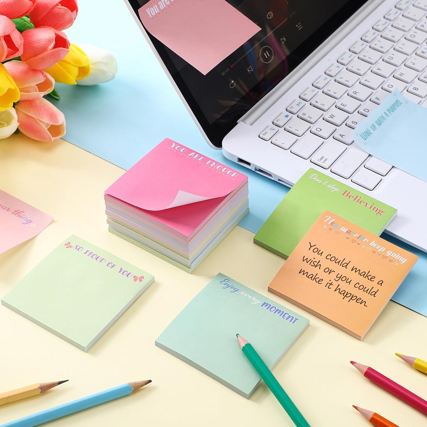 Zonon 12 Pieces Inspirational Sticky Notes 3 x 3 Inch Motivational Fun Notepads Positive Gifts for Teacher Nurse Coworkers Work Studying Supplies(Macaron Style)