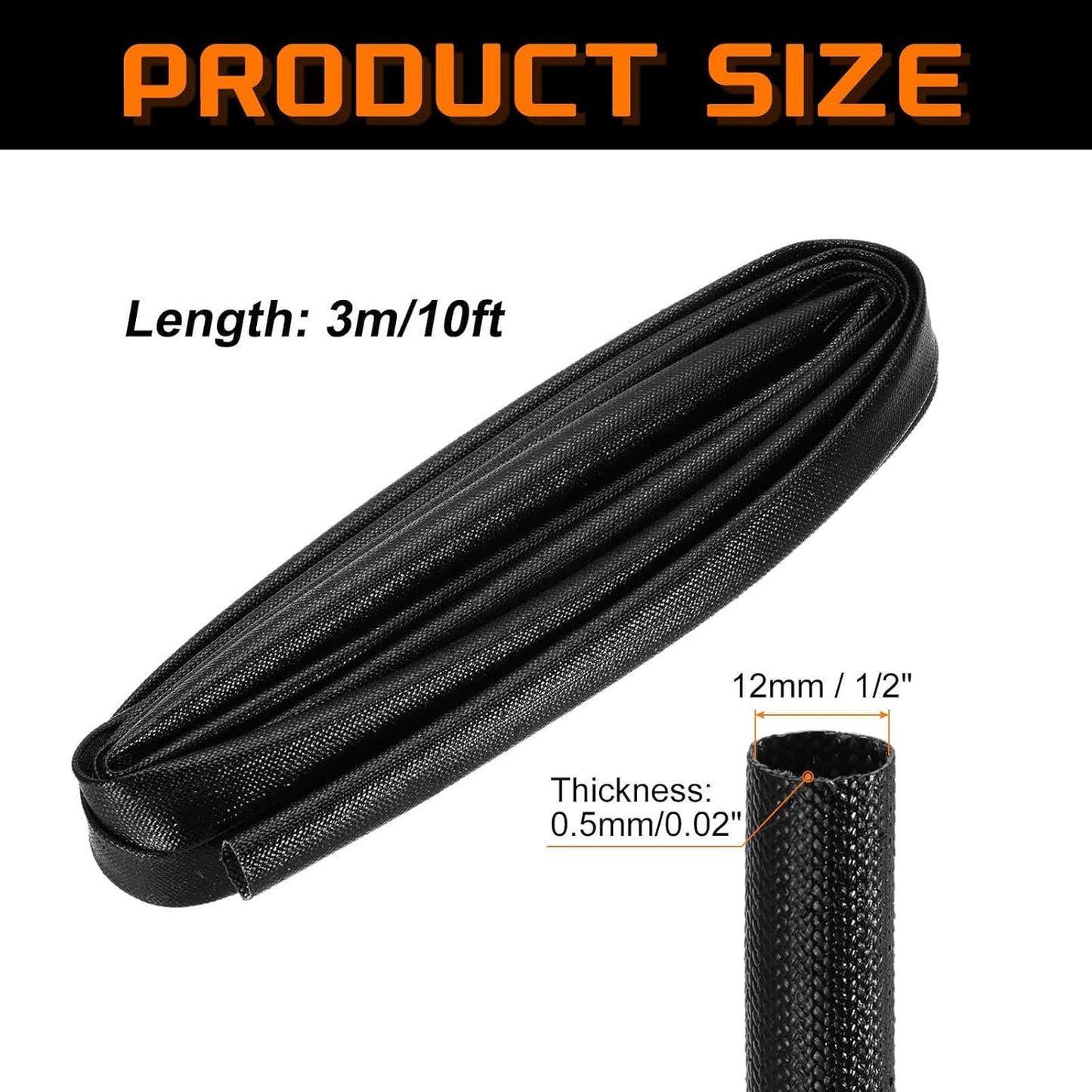 MECCANIXITY 10ft Braided Cable Sleeve, 1/2" ID 200C High Temperature 1500V Fiberglass Wire Insulation Cord Protector Organizer Wires Management for Motor Engine Fuel Line, Black