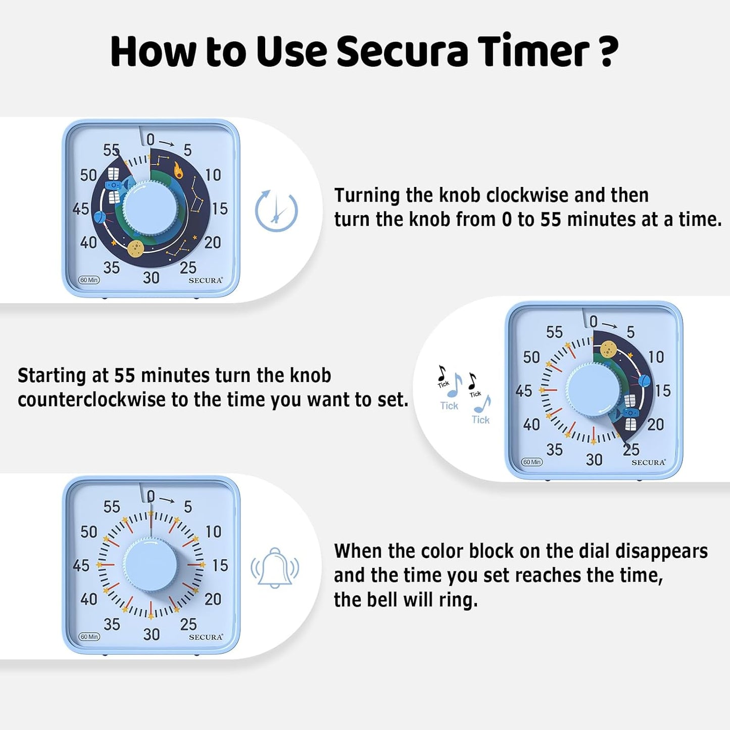 Secura 7.5-Inch Satellite Pattern Visual Timer for Kids, 60-Minute Countdown Timer for Classroom or Kitchen, Durable Mechanical Timer Clock with Magnetic Backing (Light Blue)