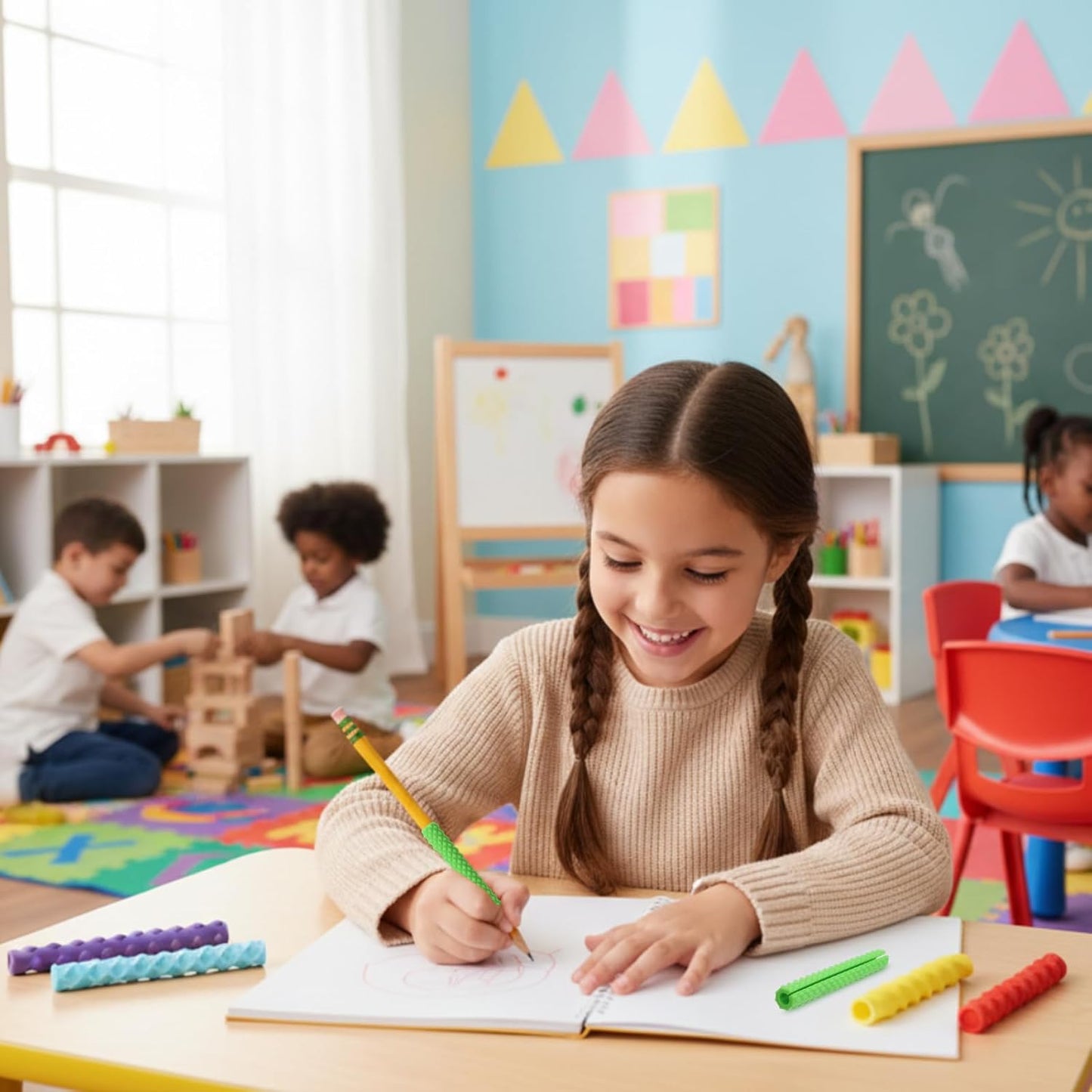 12 Pack Textured Silicone Pencil Grip for Adults Fidget Sensory Toys as ADHD Anxiety Focus Relief Tool Classroom Handwriting Pencil Sleeve Christmas Stocking Stuffers Gifts(Novelty)