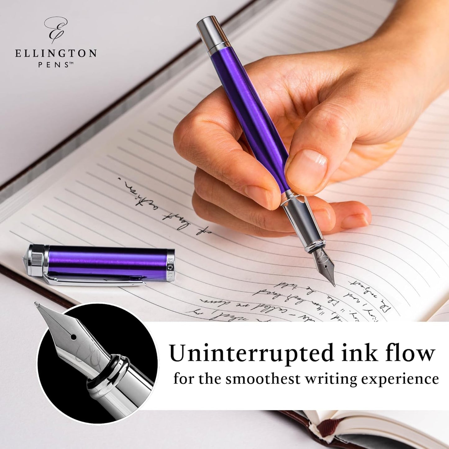Ellington Pens Luxury Fountain Pen Set - Smooth Fine Nib - Includes 3 Ink Cartridges, Refillable Ink Converter, Gift Box - Fountain Pens For Writing, Calligraphy, Journaling, Sketching (Purple Haze)