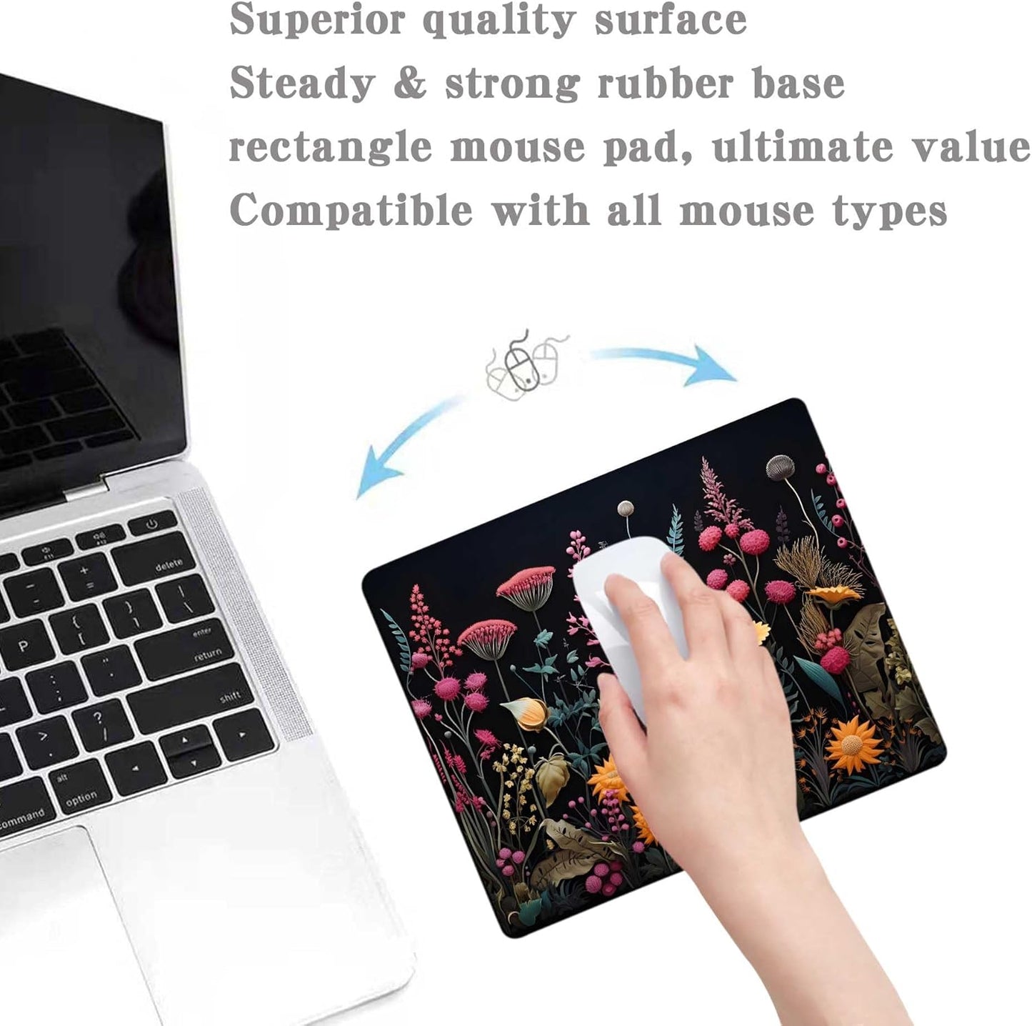 Black Pink Beauty Flowers Plants Mouse Pad,Brightly Colored Unique Design Computer Mousepad with Non-Slip Rubber Base for Women,Washable Mousepads Computer Mouse Pads for Desk Laptop Wireless Mouse