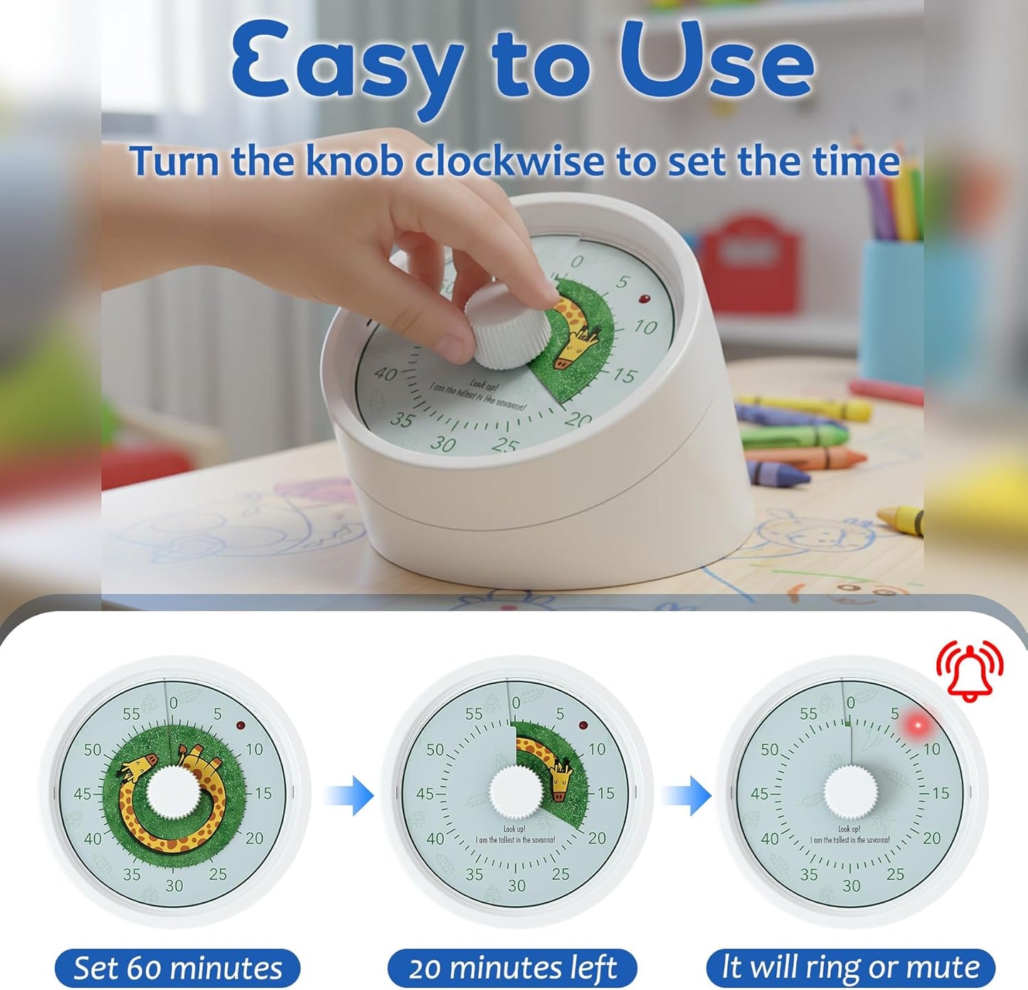 BellMan Visual Timer, 60 Minute Countdown Timer for Kids and Adults with Silent Operation, Study and Meetings Time Management Tool, Timer for Kitchen Office Classroom, Gift with Giraffe (White Green)