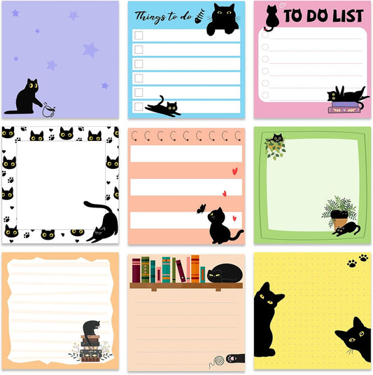 9 Pads Black Cat Sticky Notes 3x3 Inch Cute Self Stick Notepads Notes Adhesive Memo Pad Office Decor Gifts for Students School Teacher Meeting Office Supplies