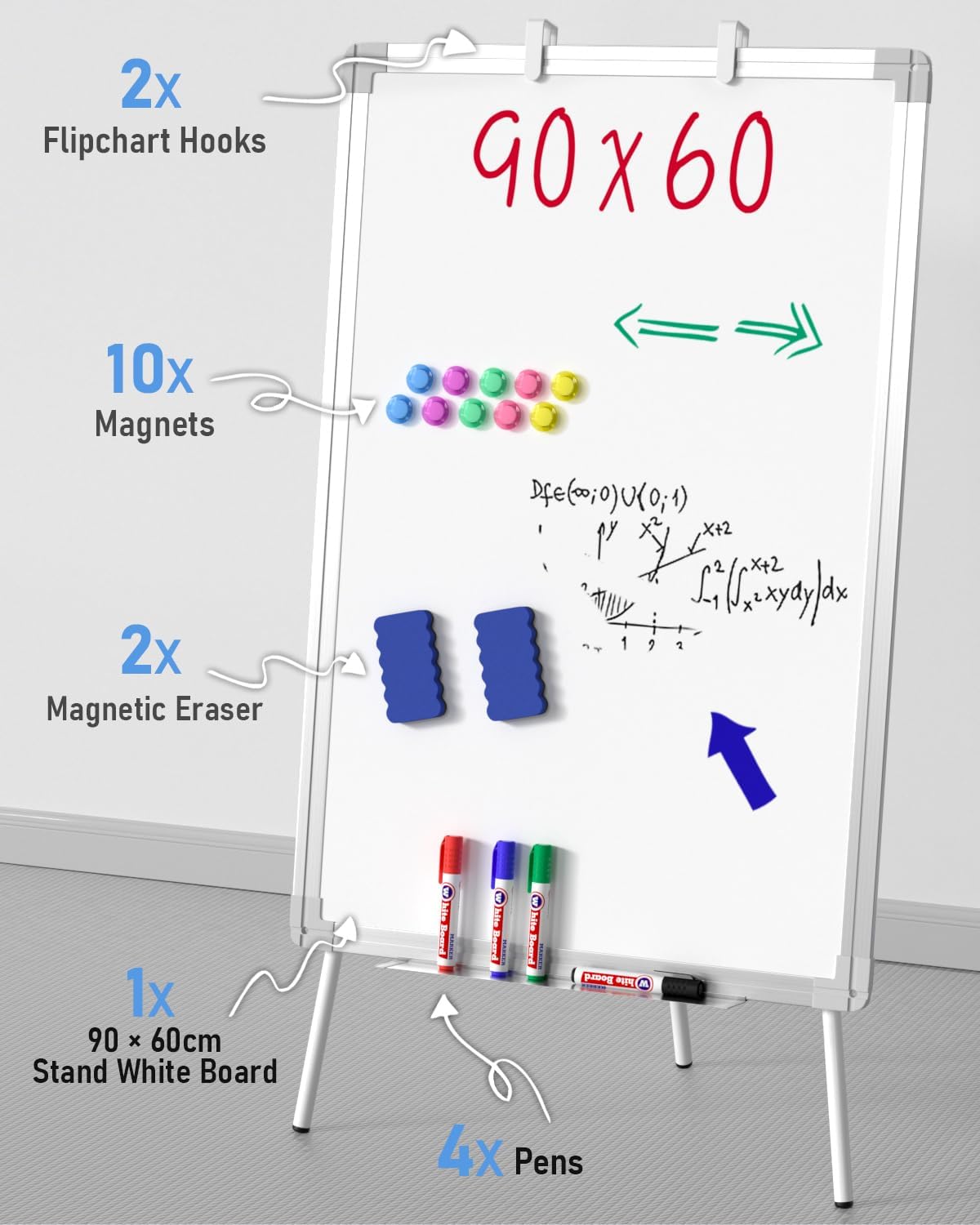 Nicpro Easel Whiteboard with Stand, 36 x 24'' Magnetic Dry Erase White Board Tripod Height Adjustable with Pens, Eraser, Magnet, Flipchart Easel Stand White Board for Kid Student Office Home Classroom