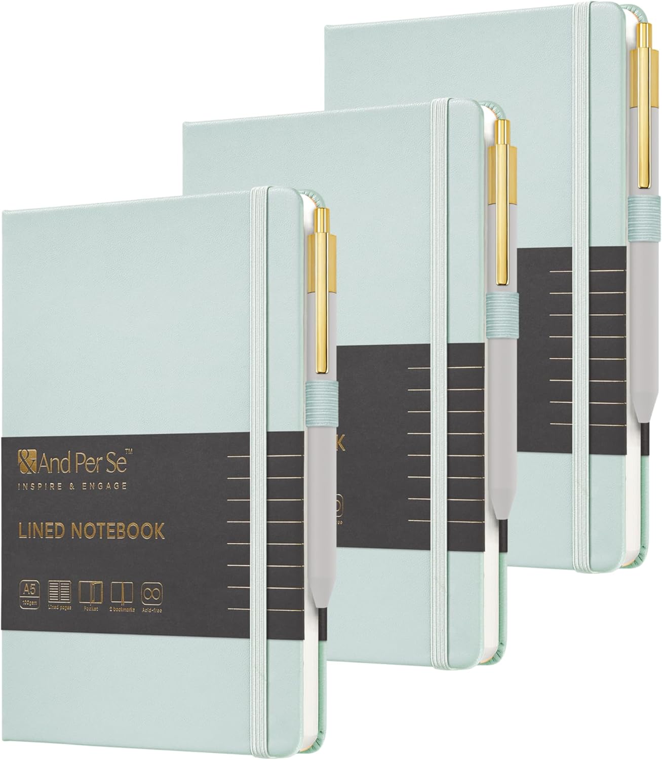 &And Per Se Lined Journal and Pen Set (3 packs), A5 Leather Journal Stationery Set, 160 Pages 100GSM Thick Paper, Notebook Gift Set (Cyan)