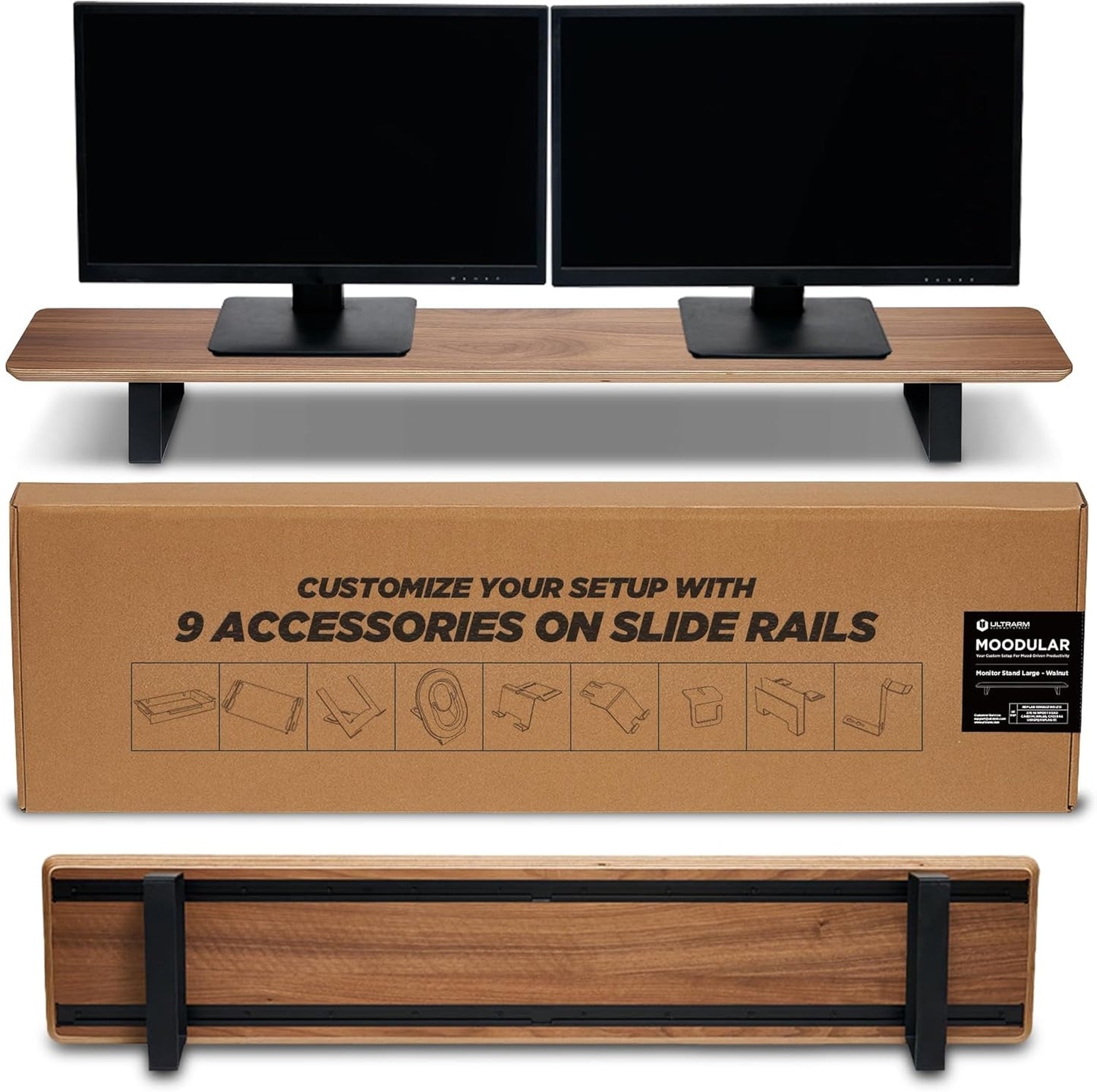 Moodular Wooden Monitor Stand 45.6” (116cm) Large Desk Organizer with Metal Slide Rails for Drawer, Tray, Laptop, Tablet, Phone & Headphones Customizable Riser for Organized Workspace Walnut